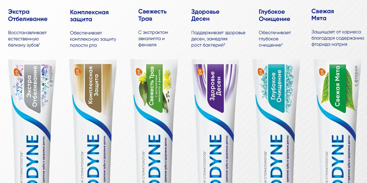 3.	Зубная паста Sensodyne Сенсодин Чувствительность зубов Экстра Отбеливание Восстанавливает естественную белизну зубов. Комплексная  защита Обеспечивает комплексную защиту полости рта Свежесть  Трав С экстрактом эвкалипта и фенхеля Здоровье Десен Поддерживает здоровье  десен, замедляя рост бактерий Глубокое Очищение Обеспечивает глубокое  очищение. Свежая Мята Защищает от кариеса благодаря содержанию фторида натрия