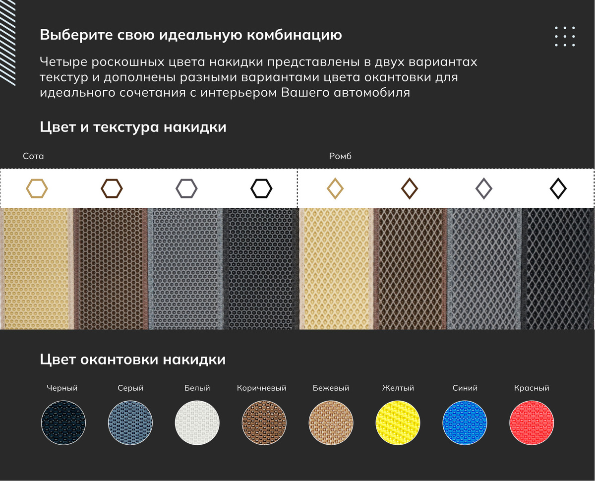 Четыре роскошных цвета накидки представлены в двух вариантах текстур и дополнены разными вариантами цвета окантовки для идеального сочетания с интерьером Вашего автомобиля