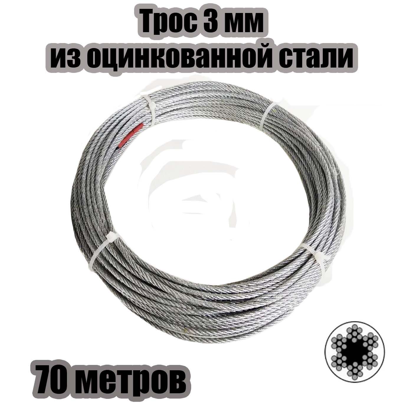 Тросстальнойоцинкованный3ммдлина70метров,плетение6*7