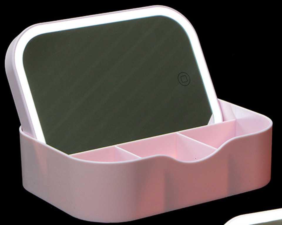 Зеркало настольное с LED-подсветкой для макияжа, 4хААА, 18,5х13,8х5см, пластик, стекло, USB-провод, розовое #1