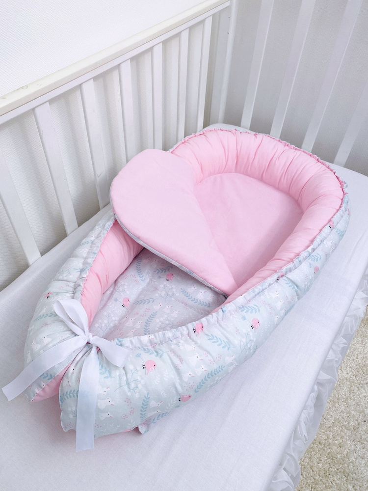 Гнездышко - кокон двухсторонний из хлопка с матрасом для новорожденного 90 см. Розовый, разноцветный #1