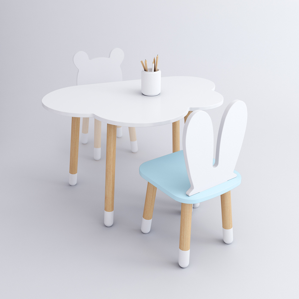 Комплект детской мебели DIMDOMkids, стол "Облако" белый + стул "Зайка" голубой  #1