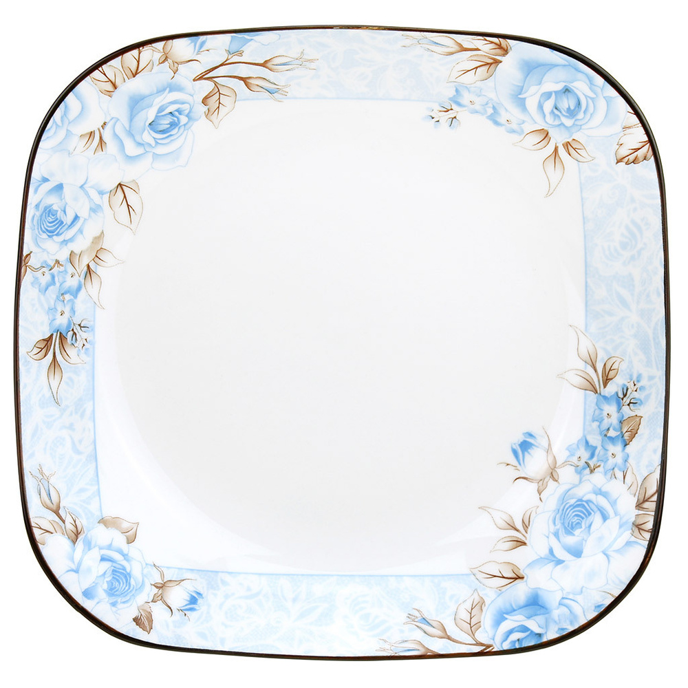 Набор тарелок "Розы, голубой фон" 2 шт. Тарелка глубокая суповая д204мм h40мм, 650мл, квадратная, с деколью, #1