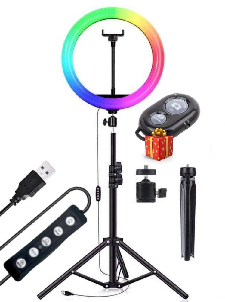 Кольцевая лампа цветная RGB 33 см с штативом 2 метра + Подарок блютуз-кнопка и настольный штатив  #1