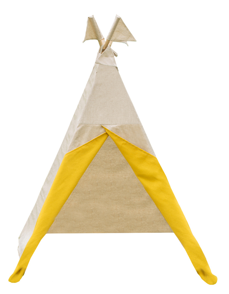 Детский вигвам с цельными палками 180см льняной с желтыми шторками Vigvam Shop с флажками и системой #1
