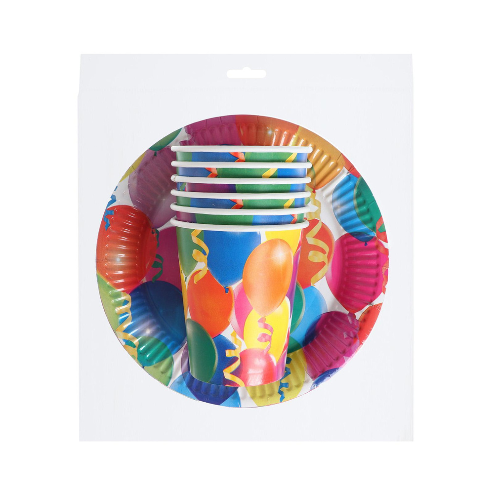 Набор бумажной посуды одноразовой Страна Карнавалия "Праздник", воздушные шары и серпантин, 6 стаканов, #1