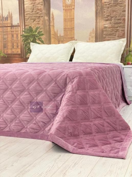 Велюровое стеганое покрывало на кровать 160х220 Square GF CALLI (Розово-Сиреневый)  #1