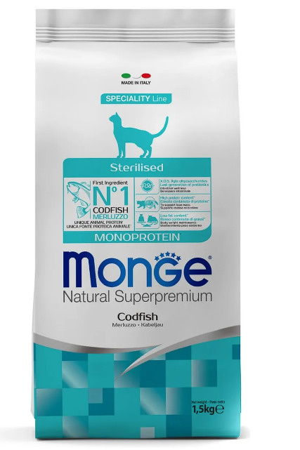 Monge (Монж) Cat Monoprotein Sterilised сухой корм для стерилизованных кошек с треской 1,5 кг  #1