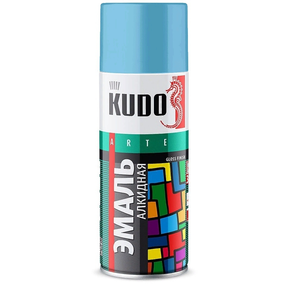 KUDO Аэрозольная краска Гладкая, Быстросохнущая, до 80°, Алкидная, Глянцевое покрытие, 0.52 л, голубой #1