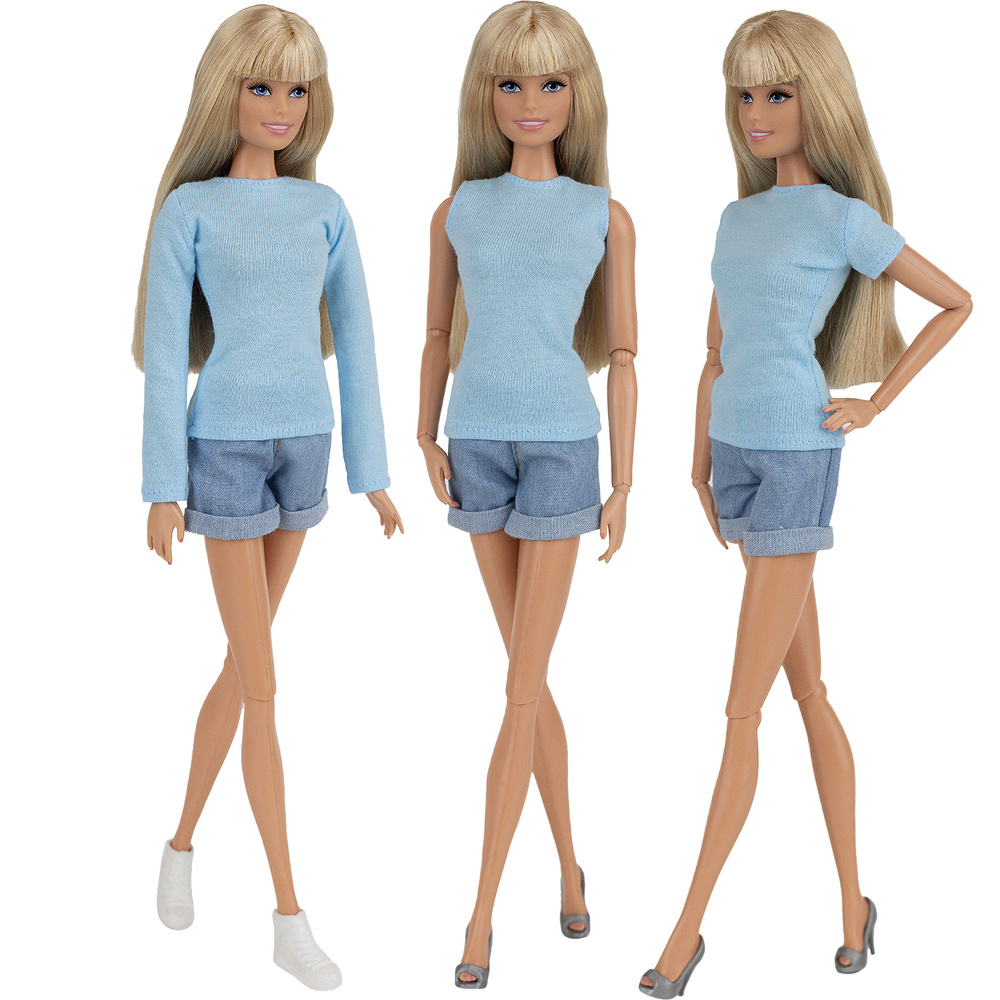 Голубой набор футболок для кукол 29 см. типа барби(с длинным рукавом, коротким рукавом и безрукавка) #1
