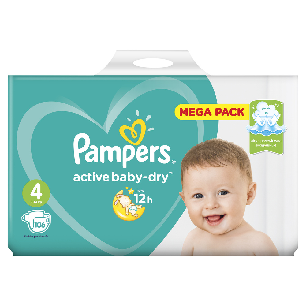 Pampers Active Baby-Dry Подгузники для малышей 9-14 кг, 4 размер, 106 шт  #1