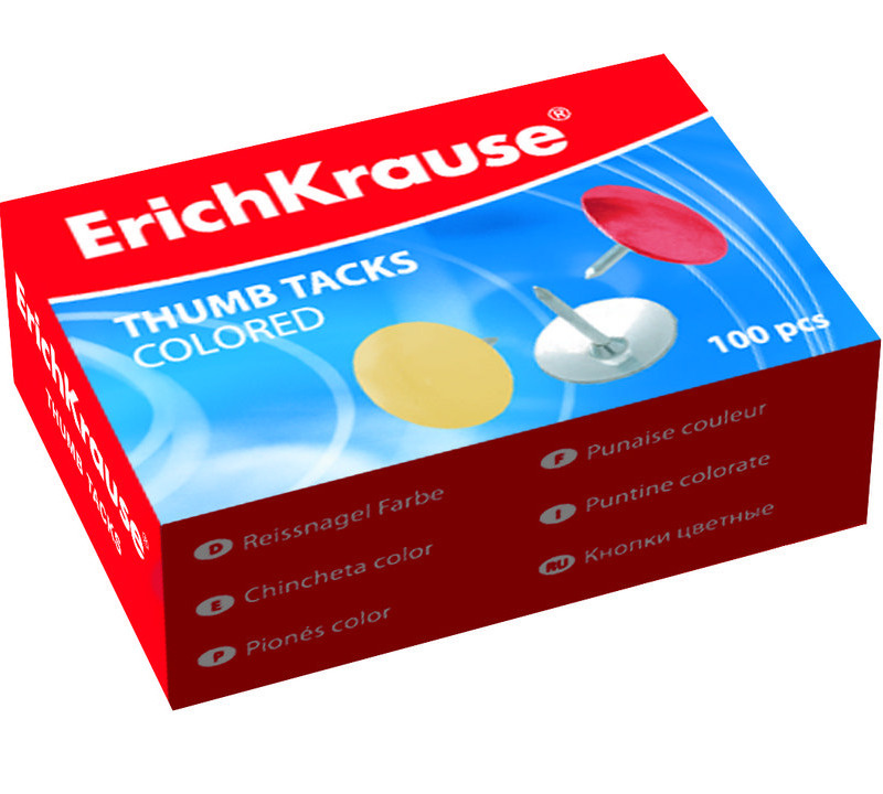 "ErichKrause". Кнопки-гвоздики, канцелярские цветные 10мм. 100штук. 24876.  #1