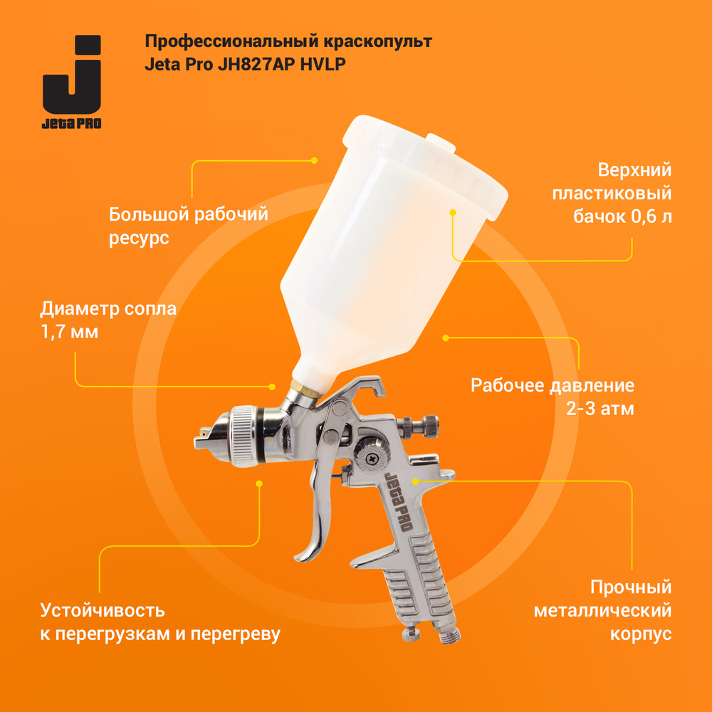 Профессиональный краскопульт Jeta Pro JH827АP HVLP верхний пластиковый бачок 0,6 л, сопло 1.7 мм  #1