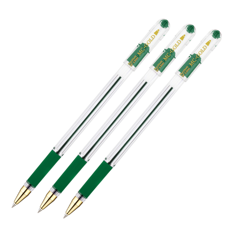 Ручка шариковая MunHwa "MC Gold" зеленая, 0,5 мм, грип (3 штуки) #1