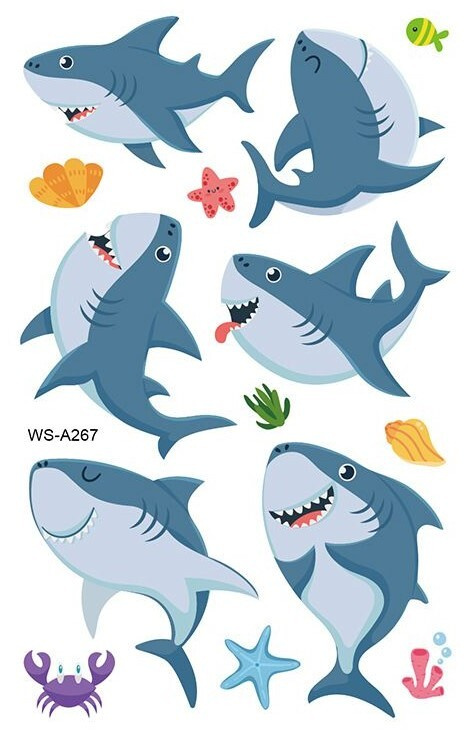 Переводные татуировки детские "Веселые акулы - 267" 7.5х12 #1