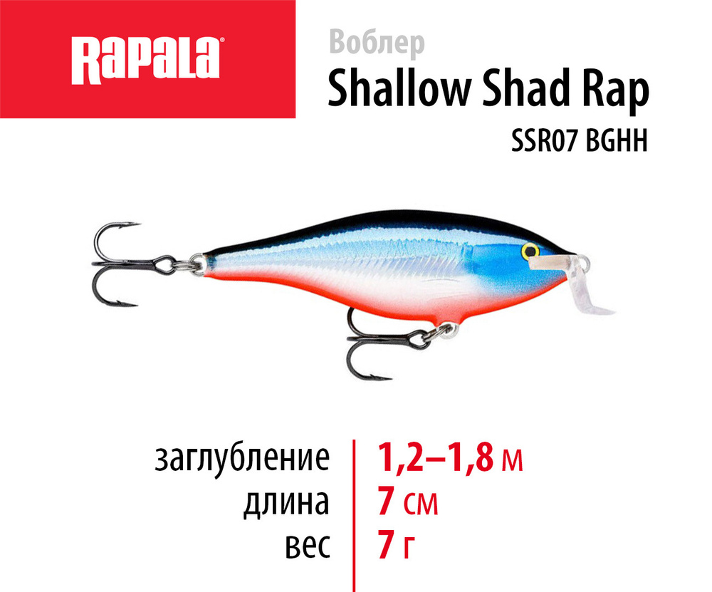 Воблер для рыбалки RAPALA Shallow Shad Rap 07 цвет BGHH на щуку, на судака, на окуня 7см - 7гр для спиннинга #1