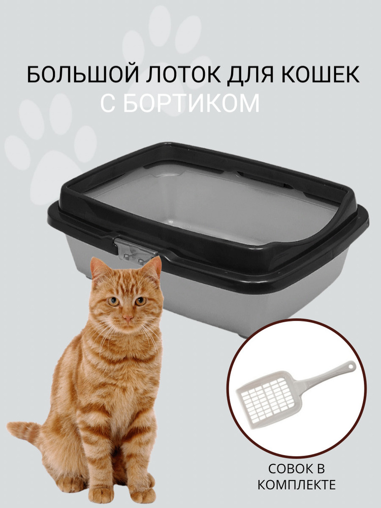 Туалет для кошек большой с бортом DD Style, кошачий туалет, лоток для кошек с совком, черно-серебристый #1