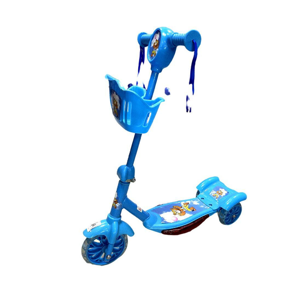 Самокат трёхколёсный детский с корзинкой голубой или синий от 2-4лет, идет в разобранном виде, рисунки #1