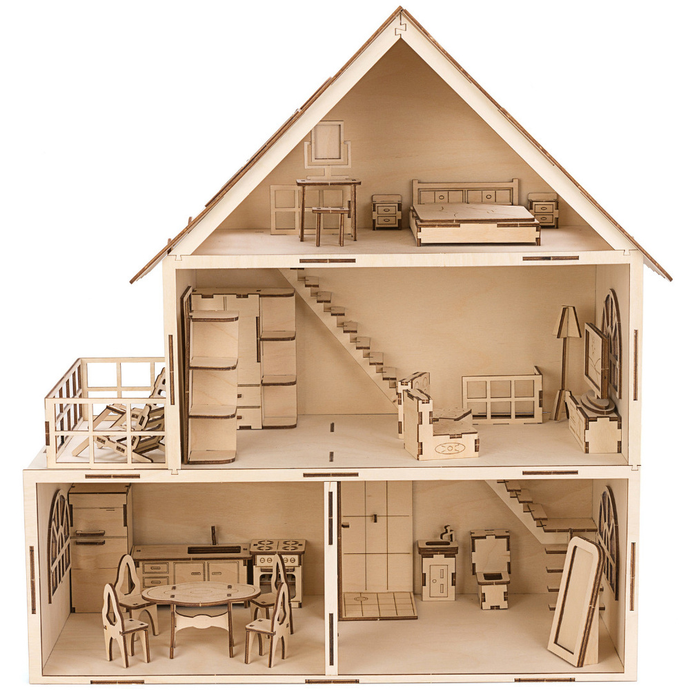 Деревянный детский конструктор Кукольный домик с мебелью, 23 предмета, 54х49х24 см  #1