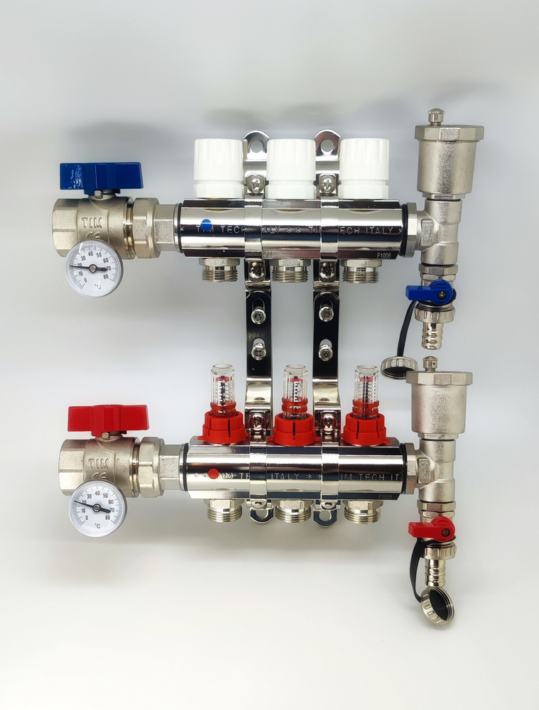 Коллекторная группа TIM из латуни на 3 выхода с расходомерами (полный комплект), для теплого пола, Коллектор #1