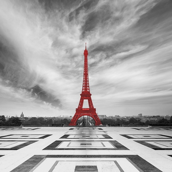 Мебельный купон на микровелюре. Картина на ткани черно-красная Париж. Фрагмент для оформления чехлов #1