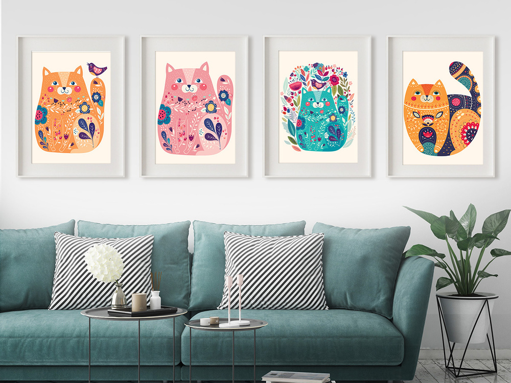 Постеры интерьерные набор "Милые котики" (4 шт.) в скандинавском стиле, стильные постеры с котами на #1