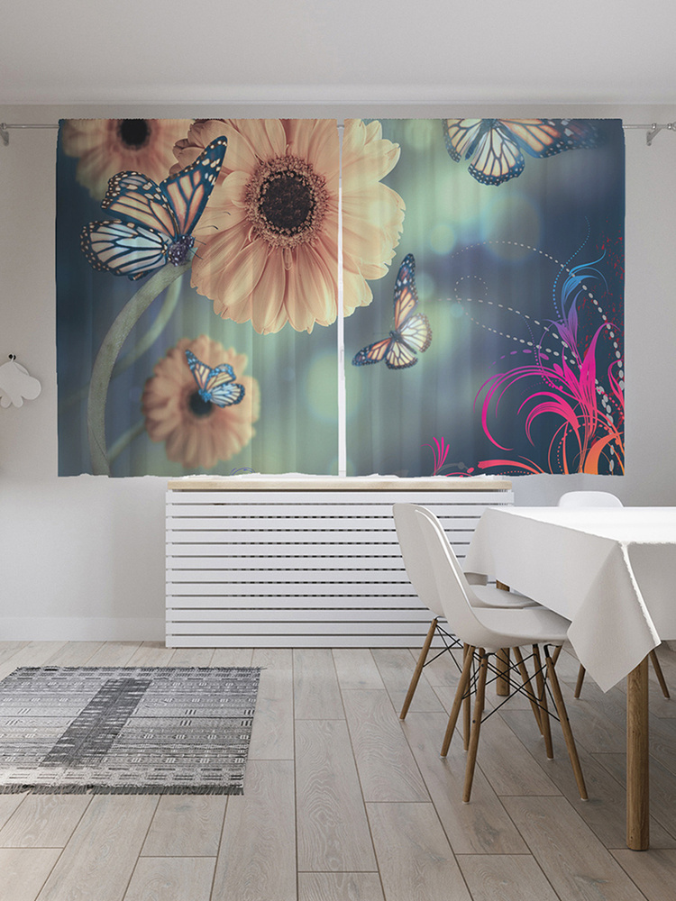 Фотошторы для кухни и спальни JoyArty Oxford DeLuxe "Цветы с бабочками", 2 полотна со шторной лентой #1