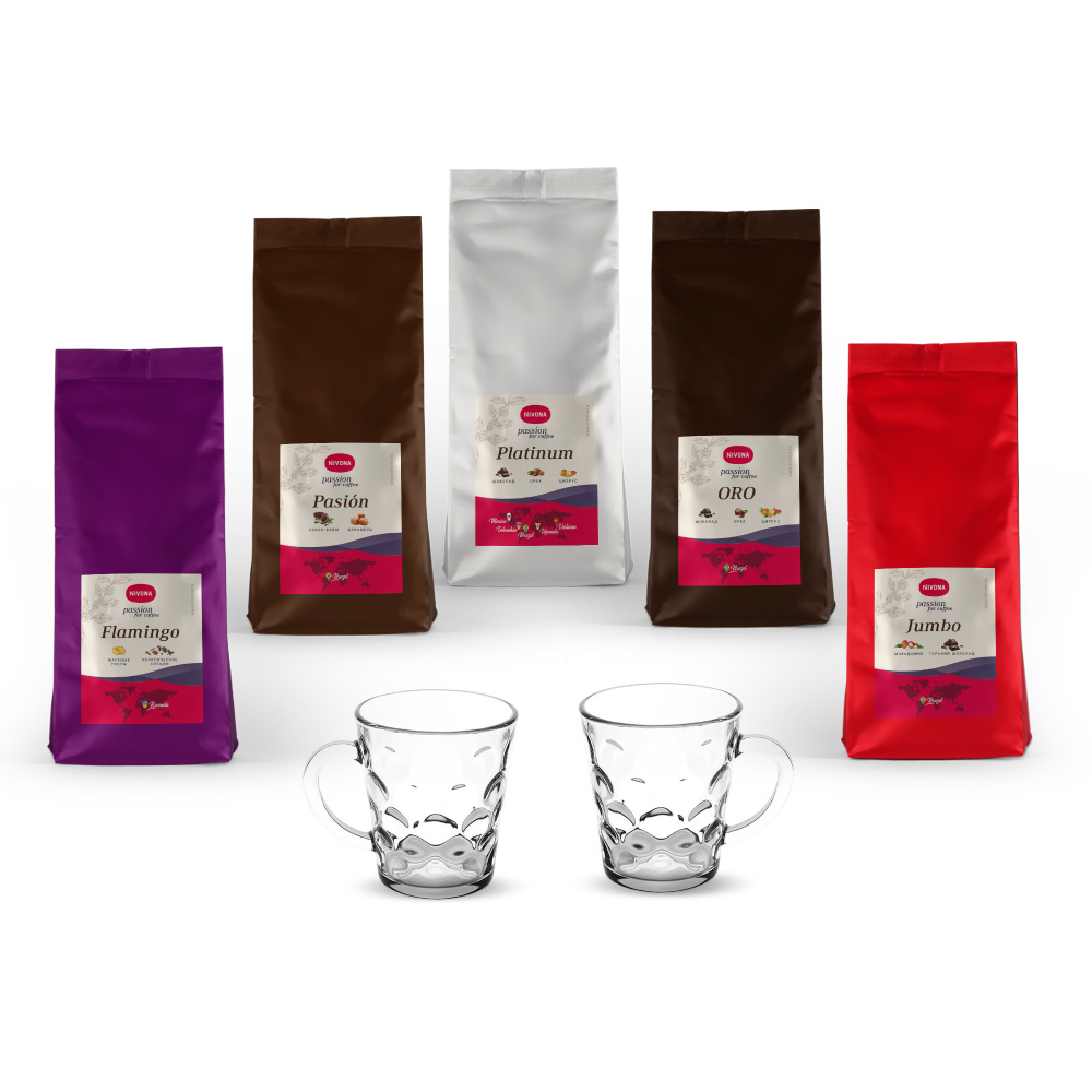 Кофе в зёрнах Nivona Premium Collection promo pack 1250g, набор из пяти сортов кофе, 2 стеклянные кружки #1