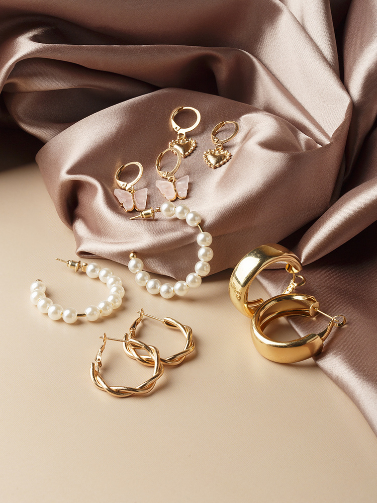 Серьги женские набор 5 пар сережки кольца гвоздики пусеты висюльки цветные тренд 2023 года подарок любимой #1