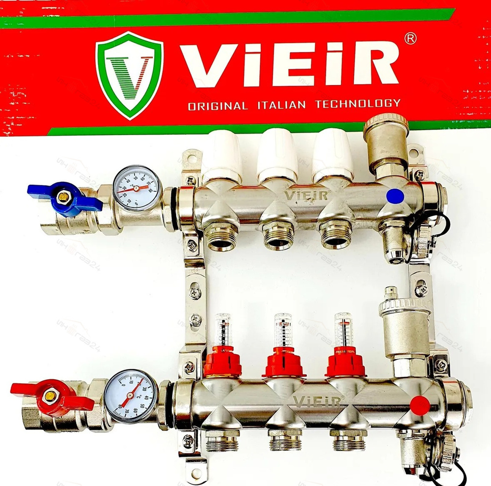 Коллектор для теплого пола в сборе 3-вых VIEIR НЕРЖ. С КРАНАМИ 1"x3/4"  #1