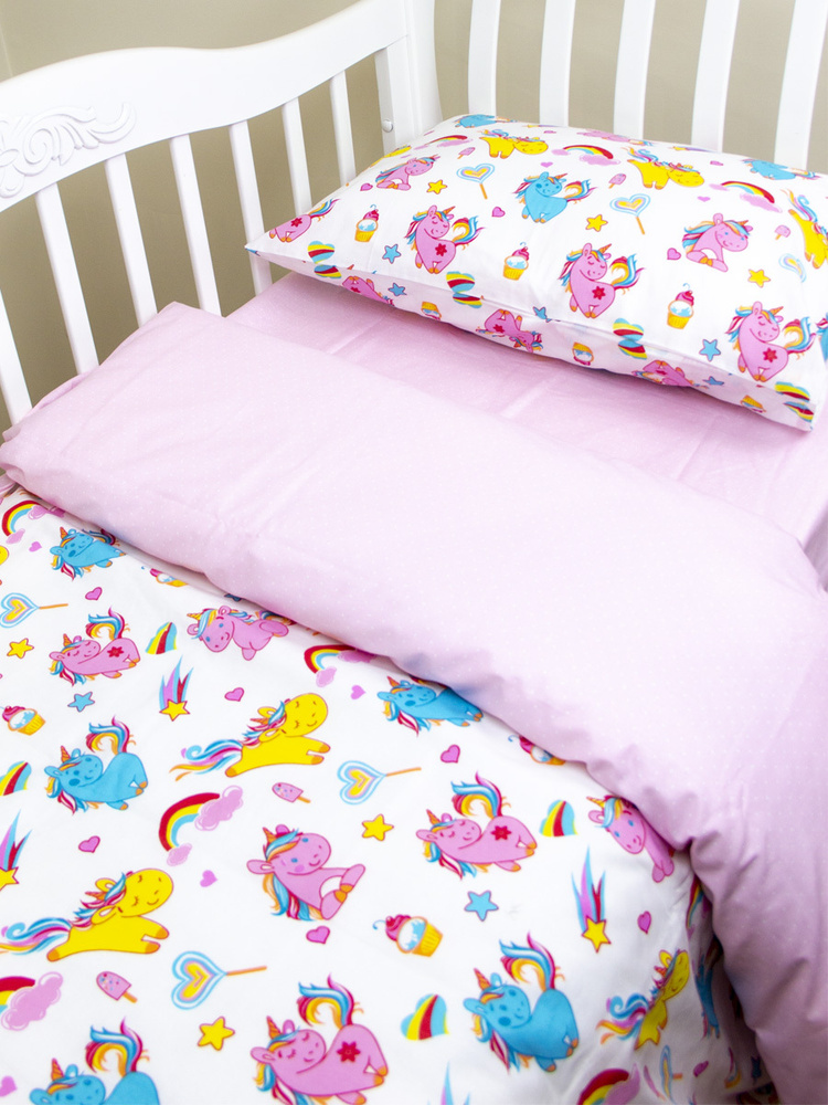Комплект постельного белья в кроватку 3 предмета EvaKids LITTLE BABY (Единороги, розовый)  #1