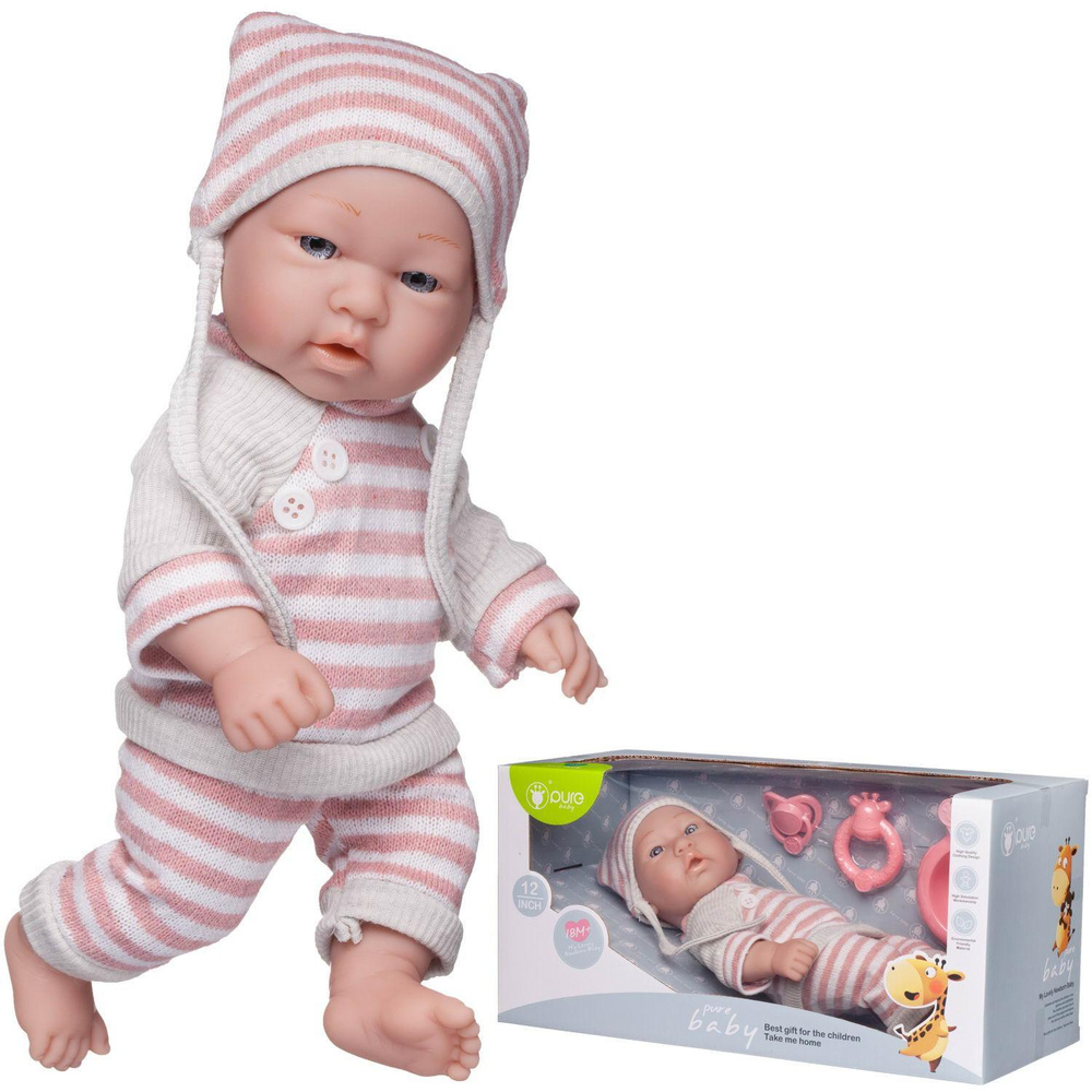 Пупс Junfa Pure Baby в вязаных бело-розовых полосатых кофточке, штанишках и шапочке, с аксессуарами, #1