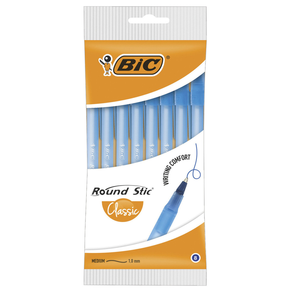 Ручки шариковые BIC "Round Stic", НАБОР 8 шт., СИНИЕ, узел 1 мм, линия письма 0,32 мм, пакет, 928497. #1