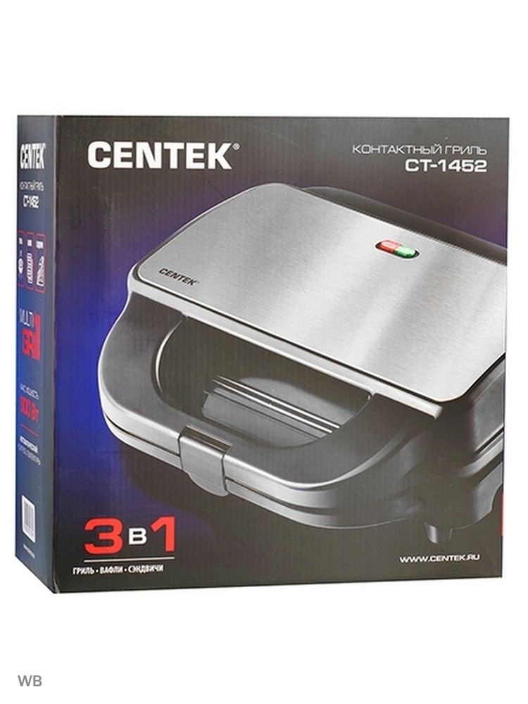 Контактный гриль Centek CT-1452 900 Вт <285x152> 3 сменные пластины гриль/вафл/сэндв, LED,антипригар #1