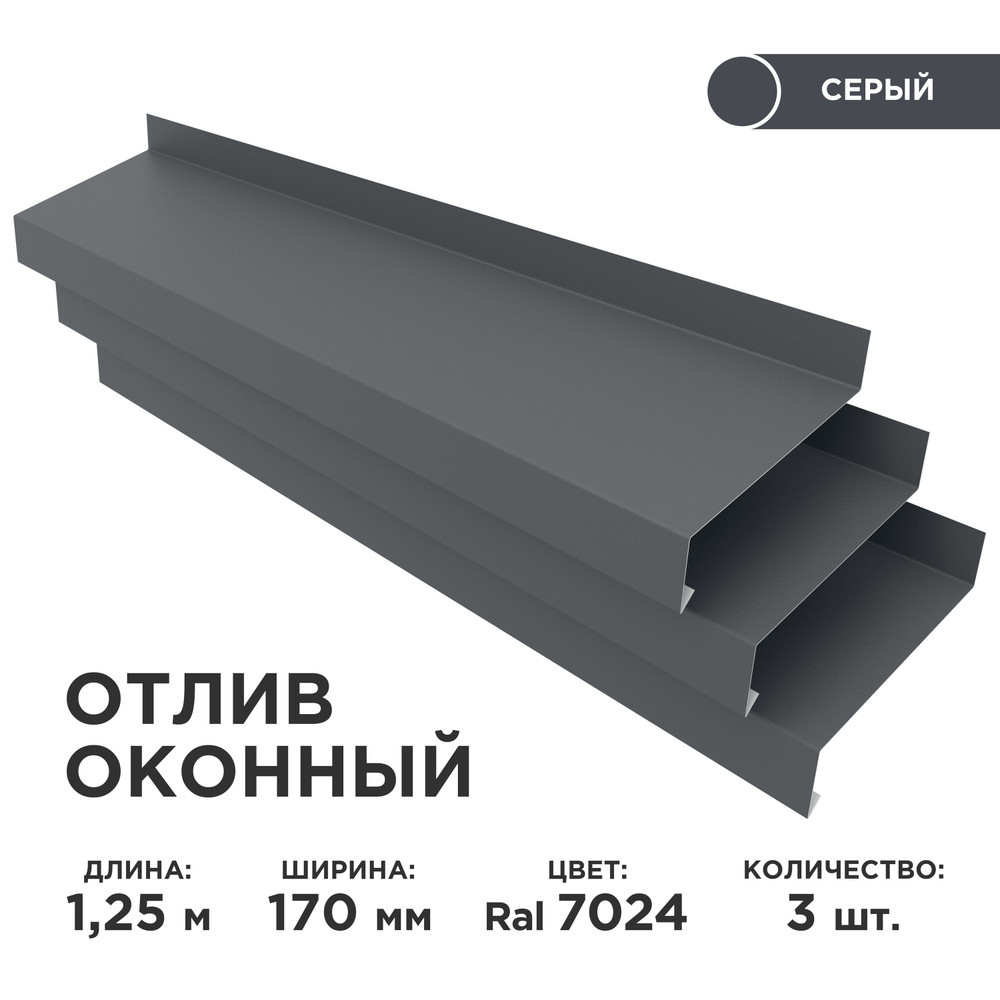 Отлив оконный ширина полки 170мм/ отлив для окна / цвет серый(RAL 7024) Длина 1,25м, 3 штуки в комплекте #1