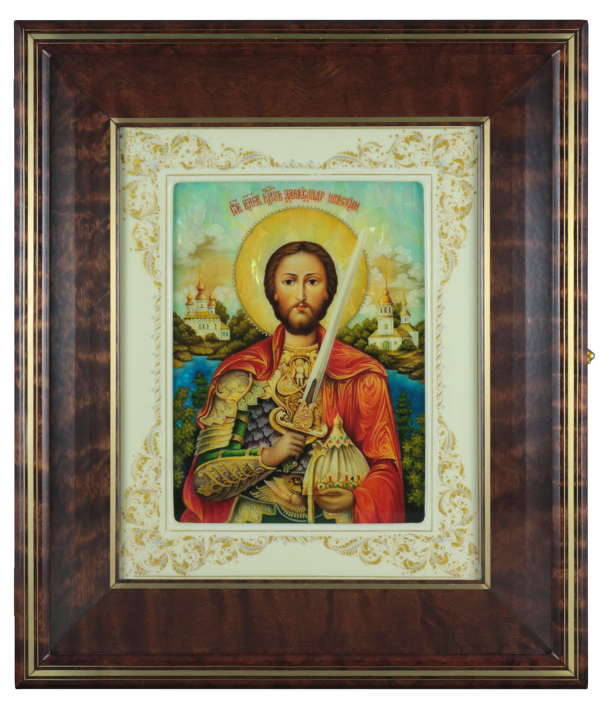 Рукописная икона на перламутре "Святой благоверный князь Александр Невский" в раме и киоте, 29*33,5 см #1