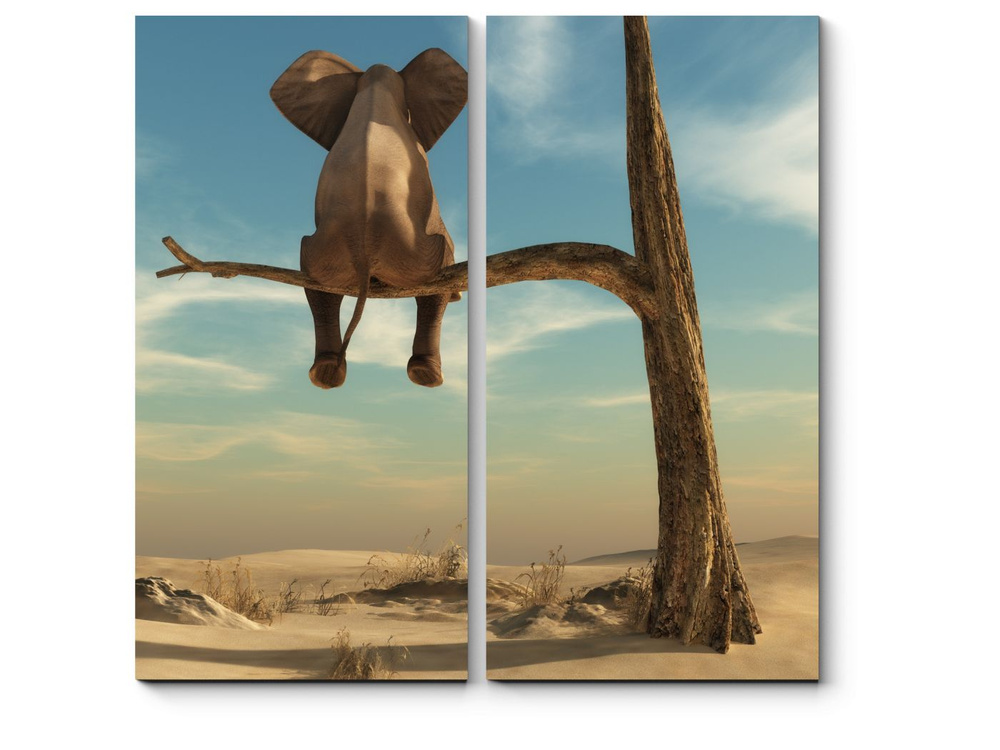 Картина модульная на холсте для интерьера горизонтальная, Слон на ветке, PICSIS, 50x50  #1