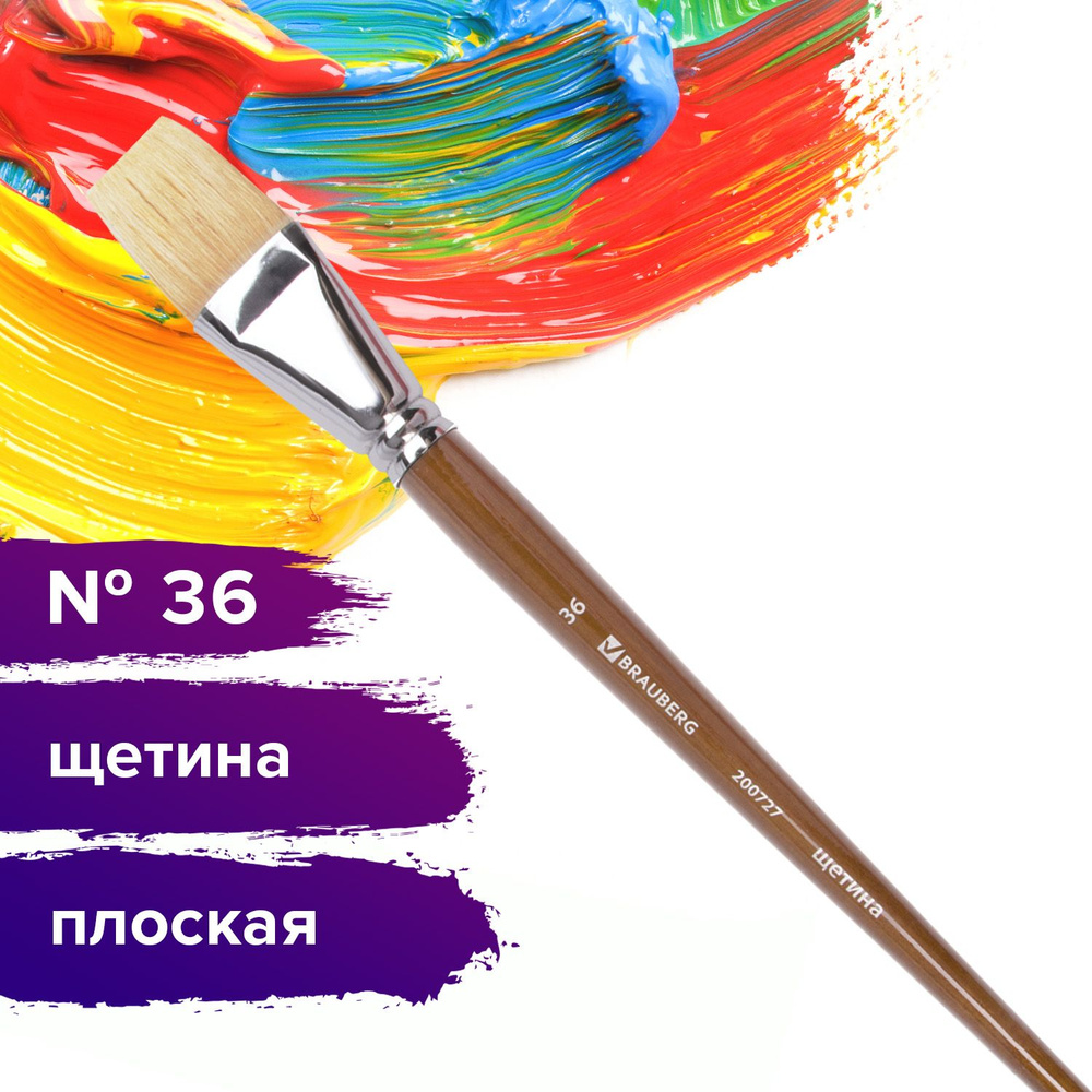 Кисть художественная профессиональная Brauberg Art classic, щетина, плоская, № 36, длинная ручка  #1