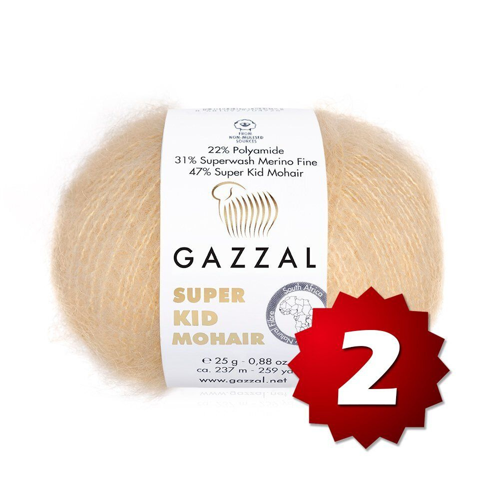 Пряжа Gazzal Super kid mohair -2 шт, персик (64404), 375м/25г, 13% шерсть мериноса, 52% мохер, 35% полиамид #1