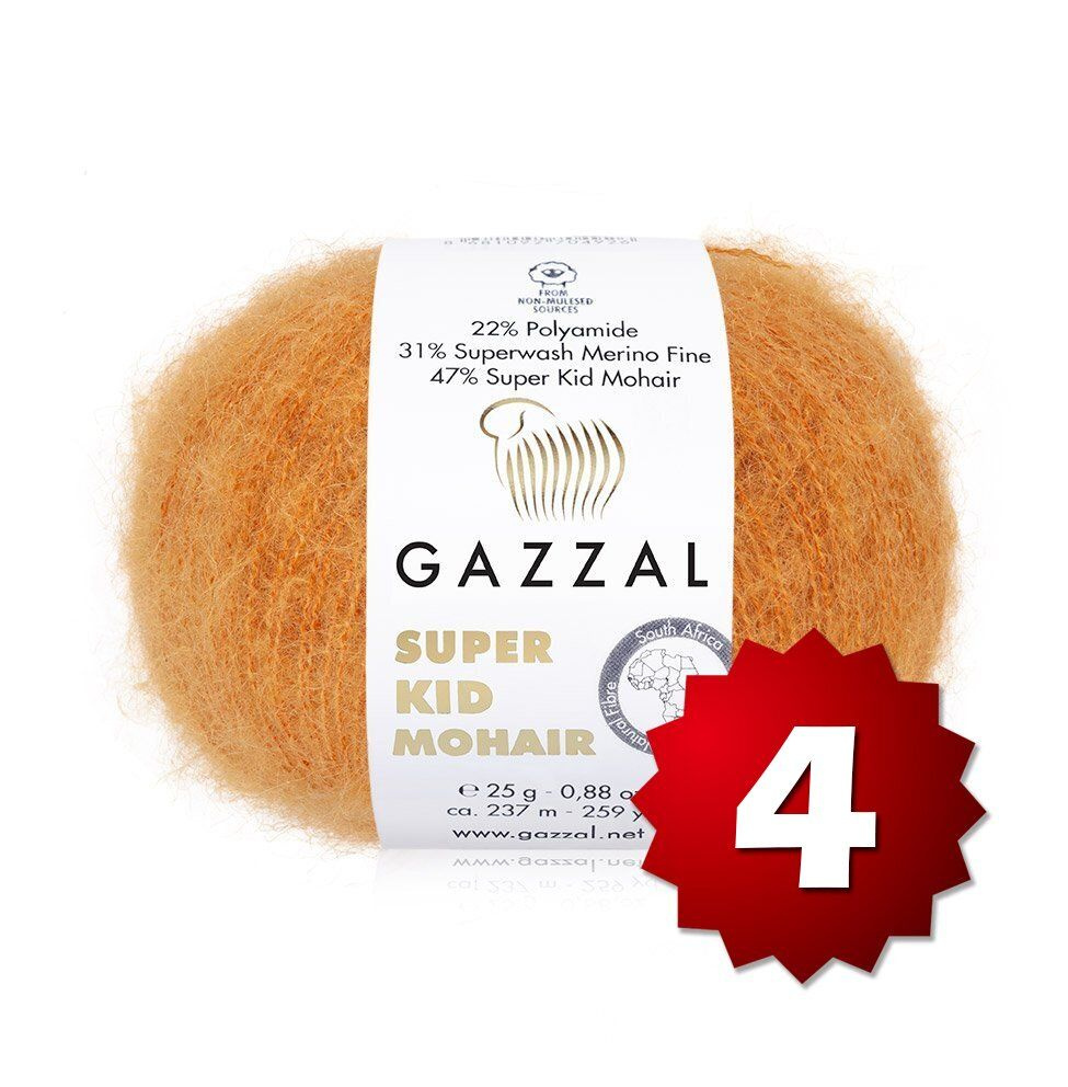 Пряжа Gazzal Super kid mohair -4 шт, рыжий (64419), 375м/25г, 13% шерсть мериноса, 52% мохер, 35% полиамид #1