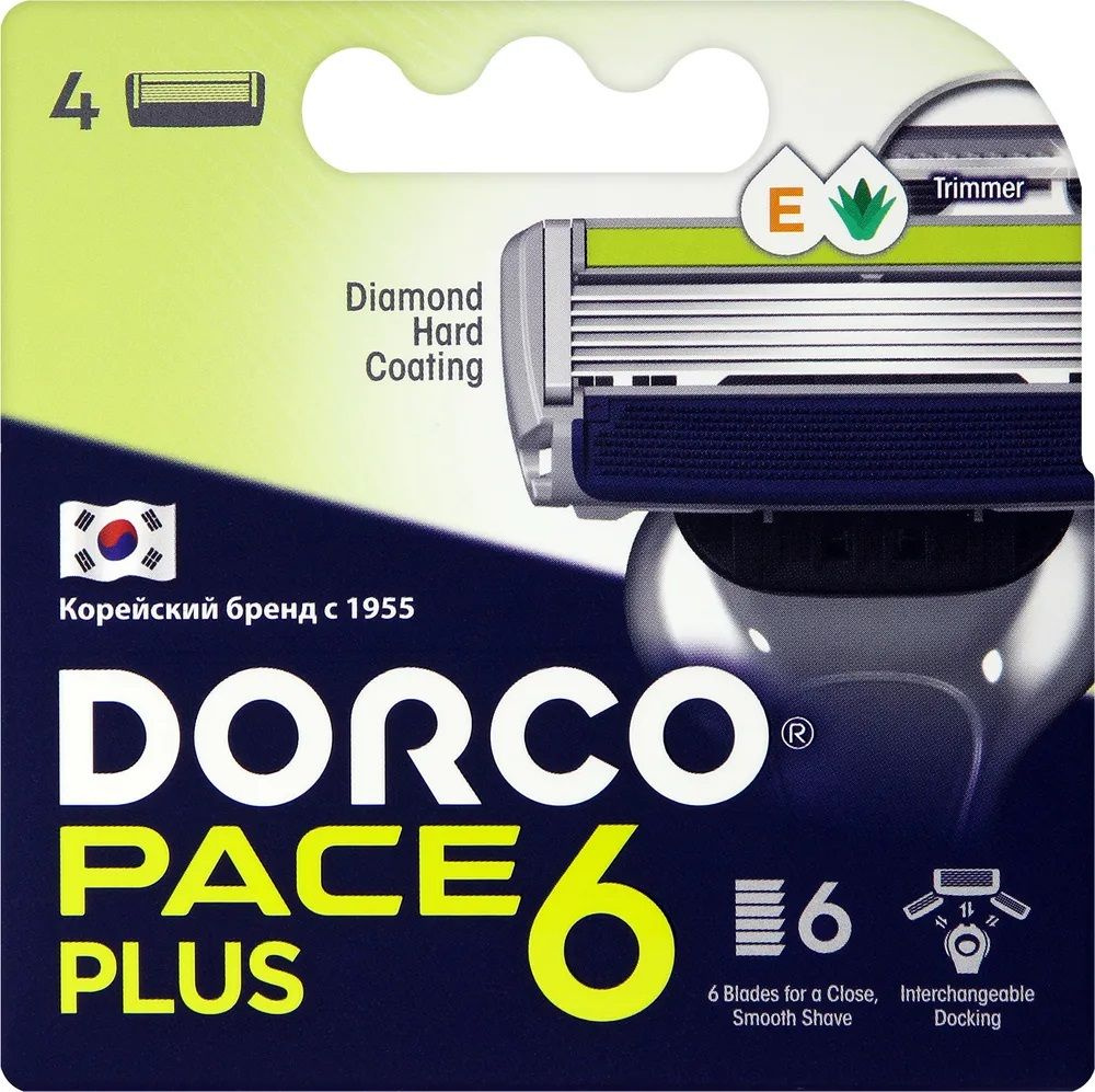 Dorco Сменные кассеты PACE6 Plus, 6-лезвийные + лезвие-триммер, крепление PACE, увл.полоса (4 сменные #1