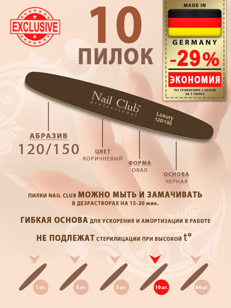 Nail Club professional Маникюрная пилка для опила ногтей коричневая, серия LUXURY, форма овал, абразив #1