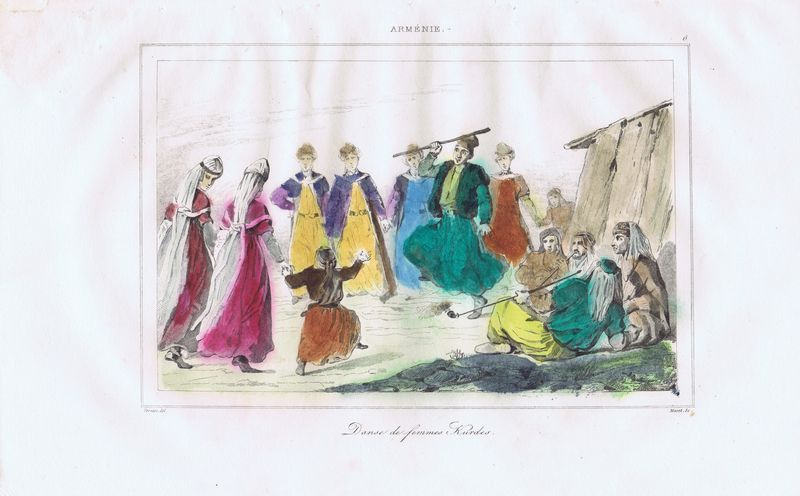 Гравюра антикварная. Армения, курды. Женский национальный танец. Офорт, акварель. Франция, 1838 год  #1