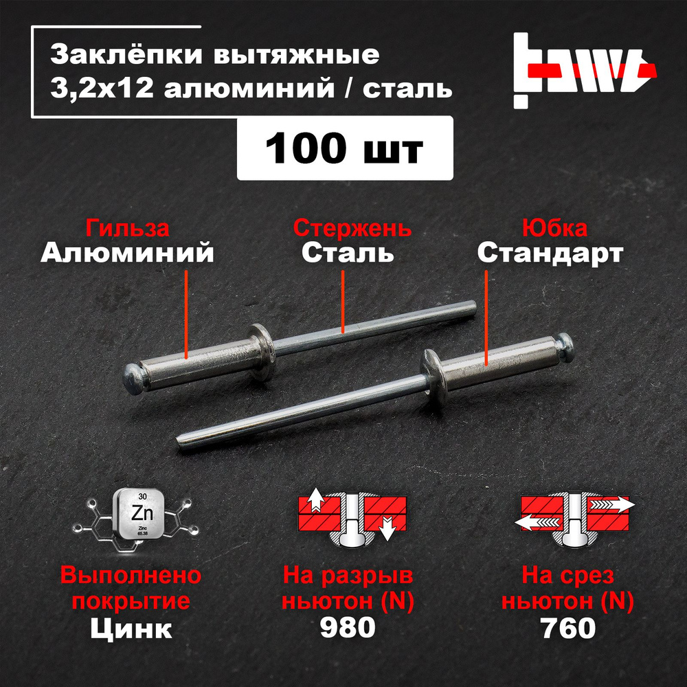 Заклёпки вытяжные для заклёпочника алюминиевые 3,2х12 100шт  #1