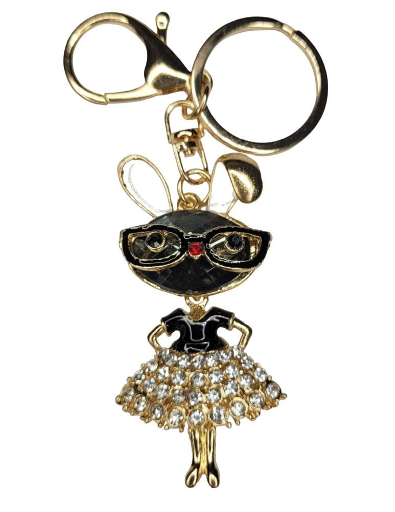 Брелок для ключей позолоченный со стразами "Кролик в очках" с кольцом и карабином  #1