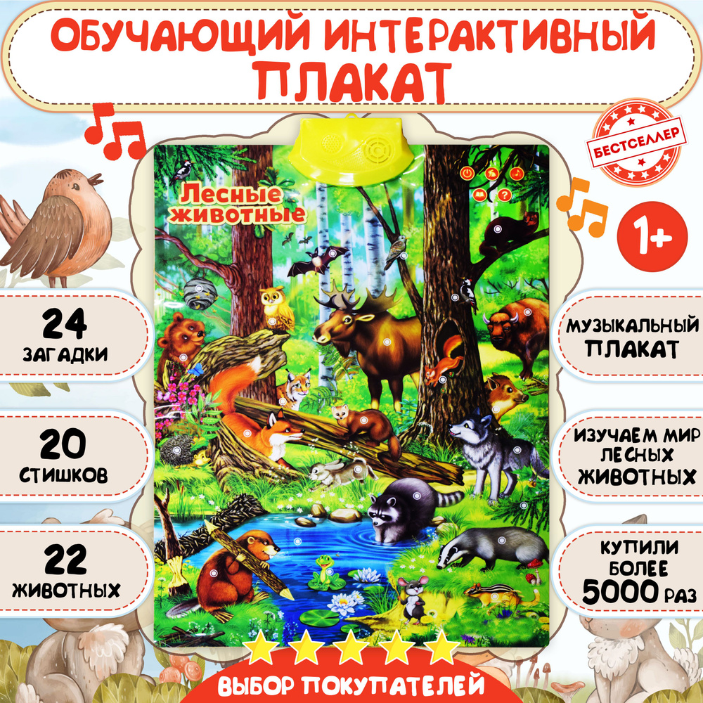 Обучающий интерактивный плакат "Лесные животные" для детей / Детская развивающая игра для изучения мира #1