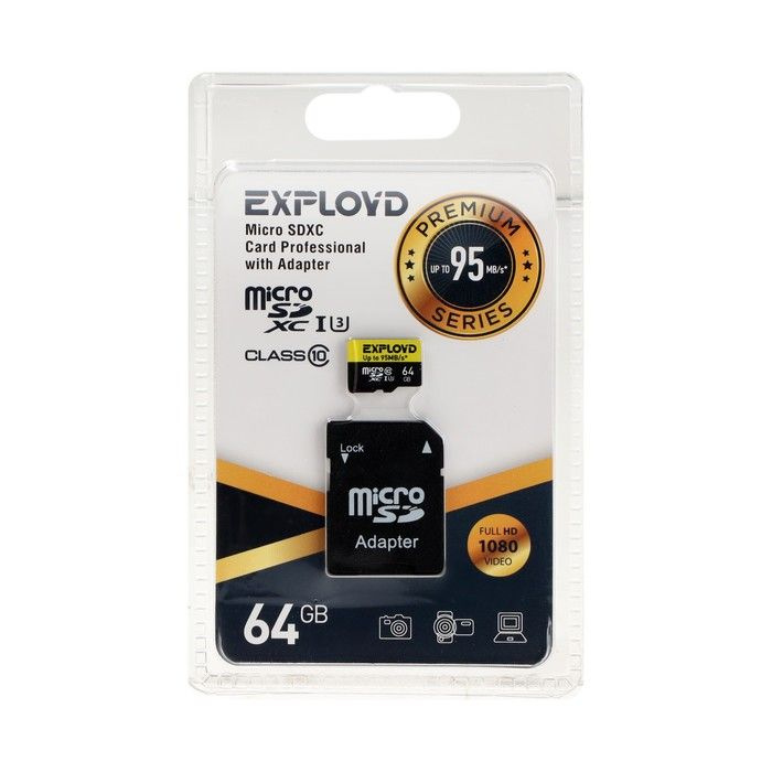 Карта памяти Exployd MicroSD, 64 Гб, SDHC, UHS-1, класс 10, 95 Мб/с, с адаптером SD  #1