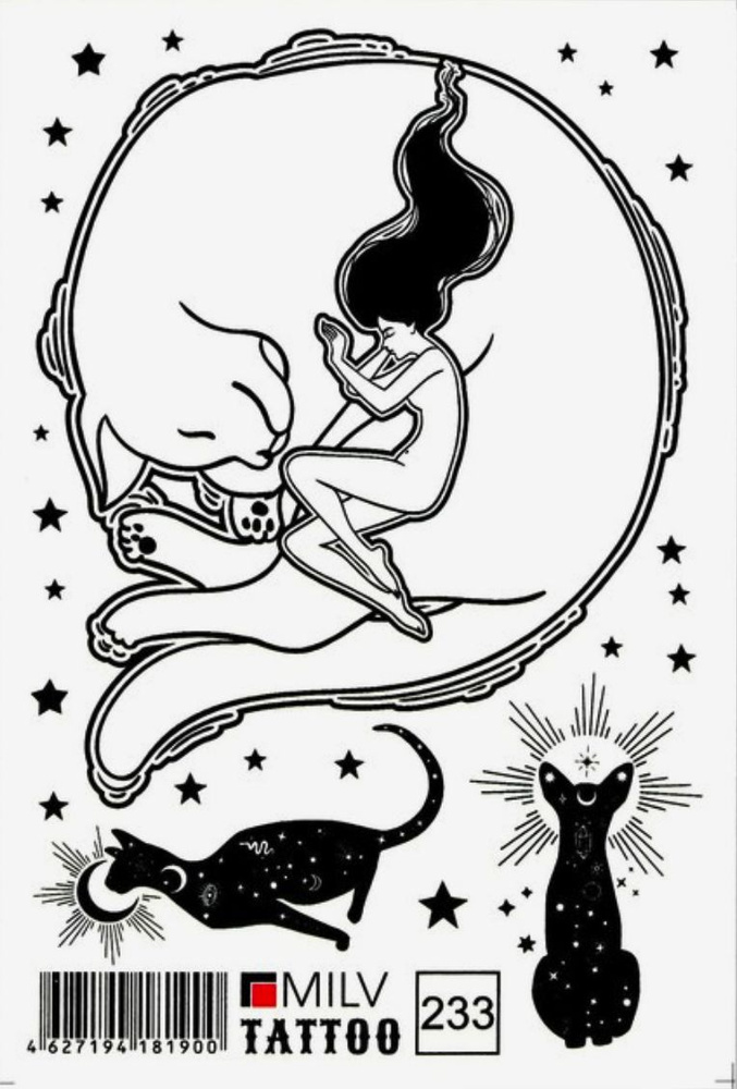 Татуировки переводные временные с спящими котиками и девушкой в окружении звезд #233  #1