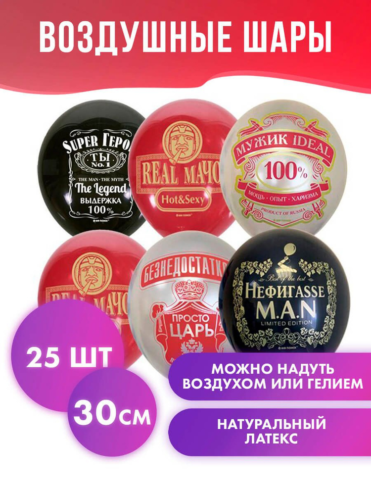 Набор шаров на день рождения "Мужская Тема", 30 см, 25шт, шарики с прикольными надписями, украшение 23 #1