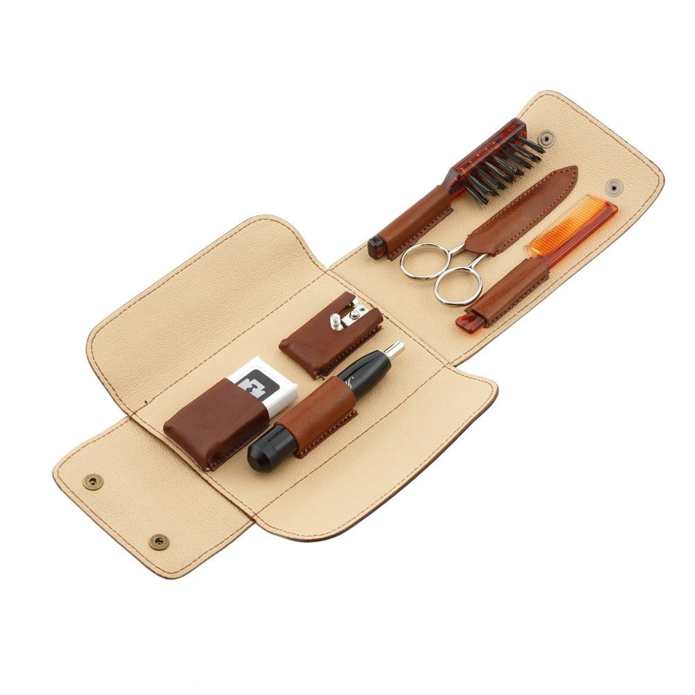 Дорожный бритвенный набор IL Ceppo в коричневом чехле: станок, лезвия, ножницы, щетка, расческа  #1